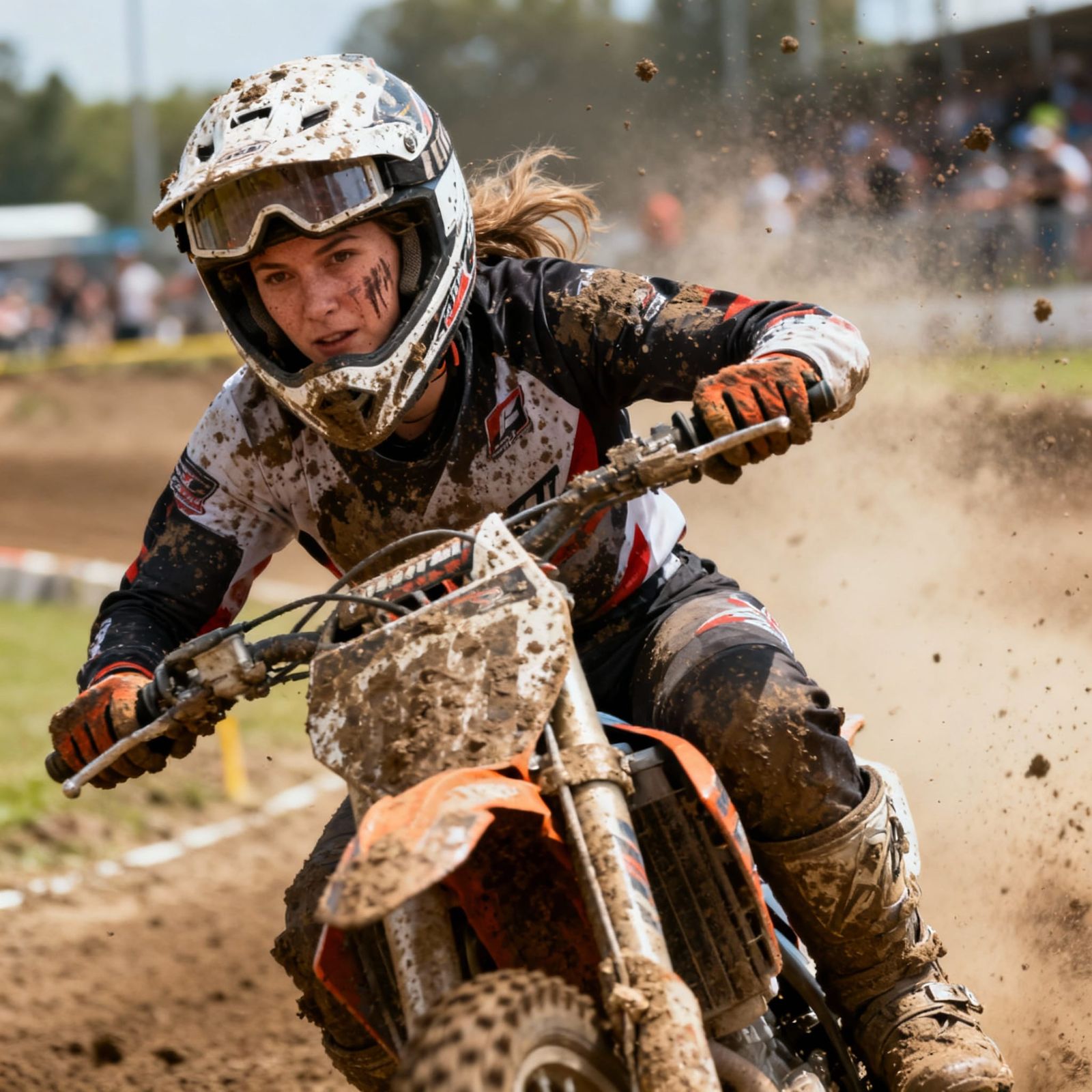 Female Motocross Rider Covered in Dirt