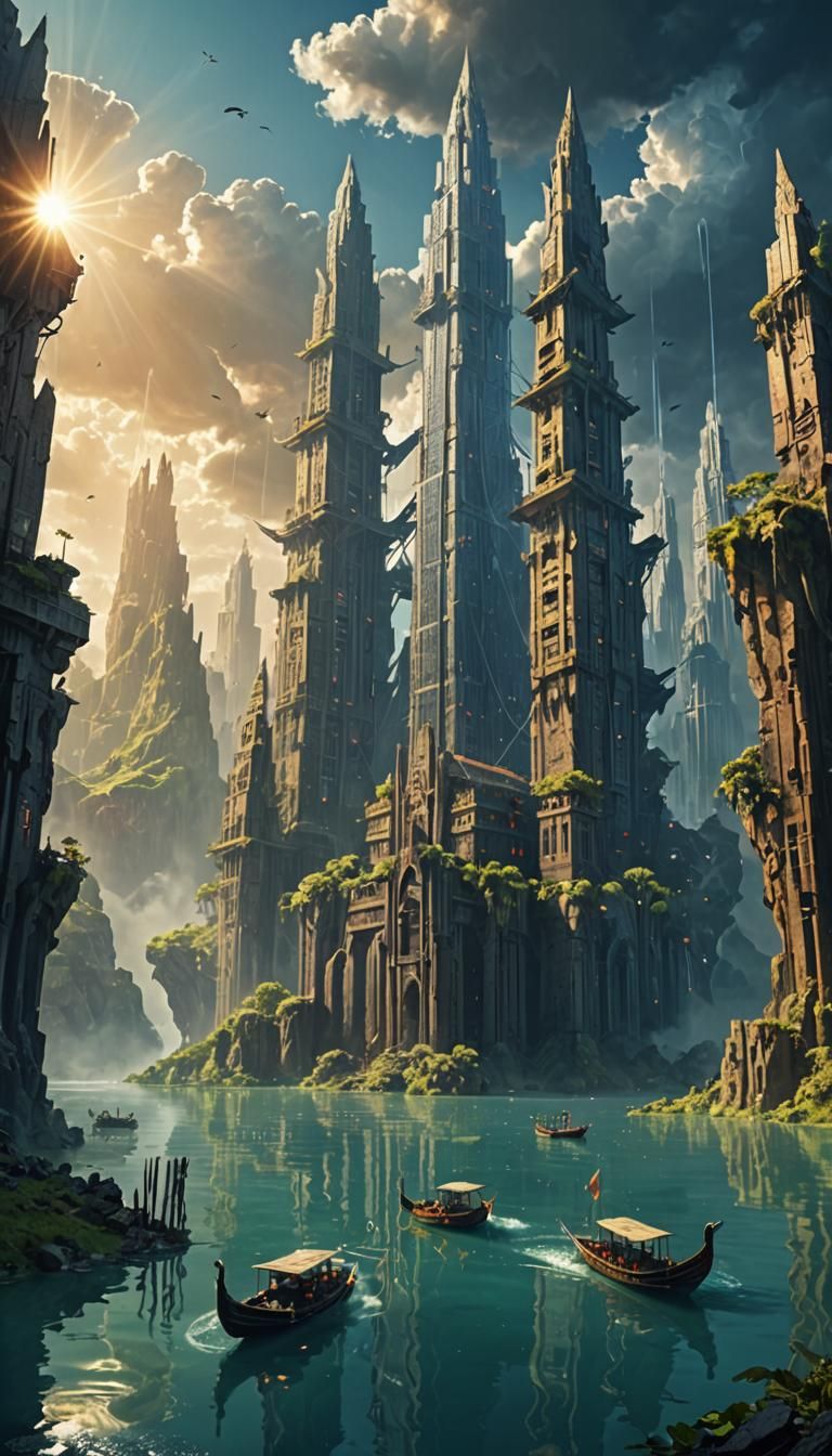 Flooded Ancient Skyscrapers in Crater Lake