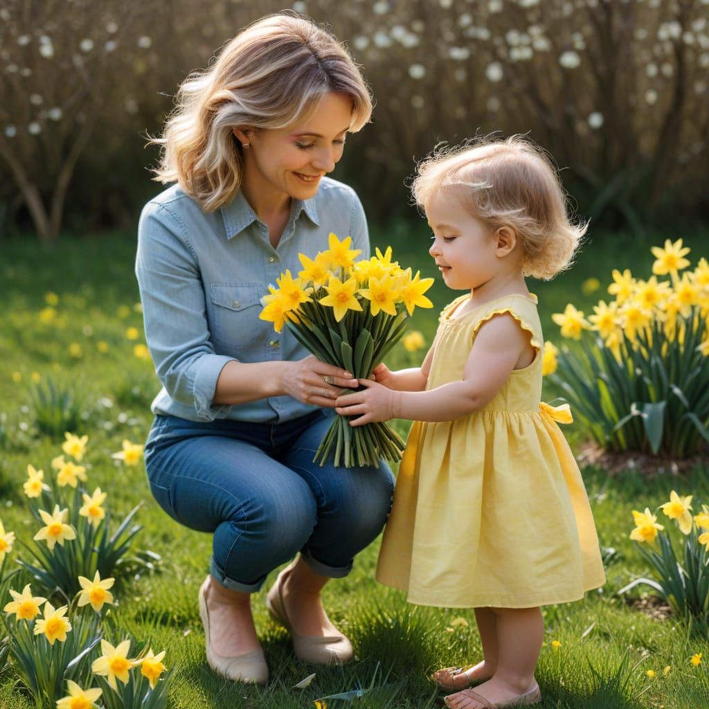 Joyful Mother Receives a Bouquet in Spring