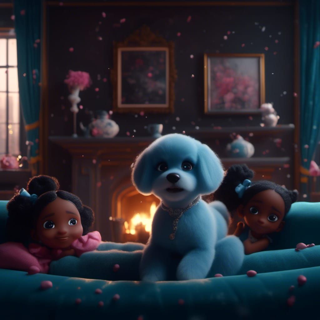 Two Little Girls with Puppy on Sofa