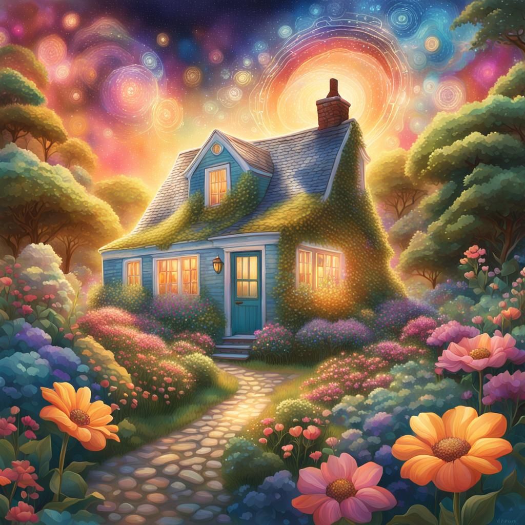 Astral Illustration: Nantucket Cottage with Cosmic Aura