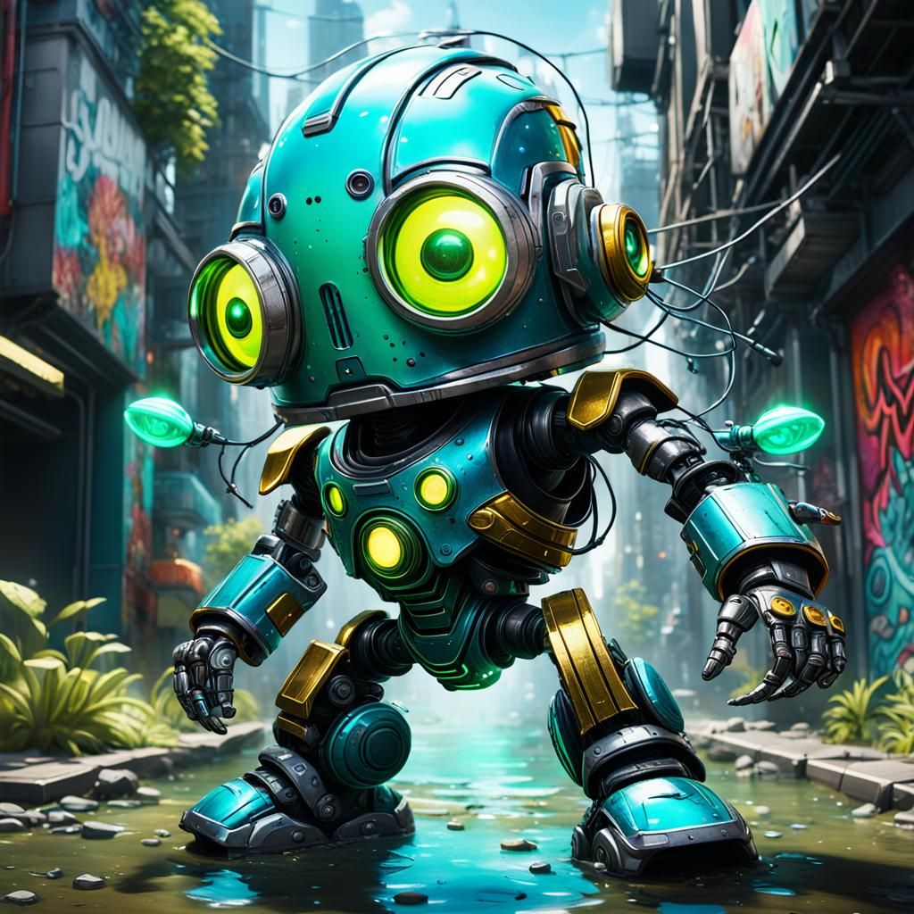 Flying Robot Gnome with Neon Eyes in Street Art