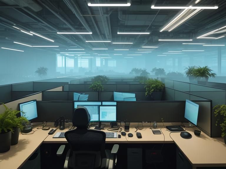 Busy Office Scene in Retro-Futuristic Style