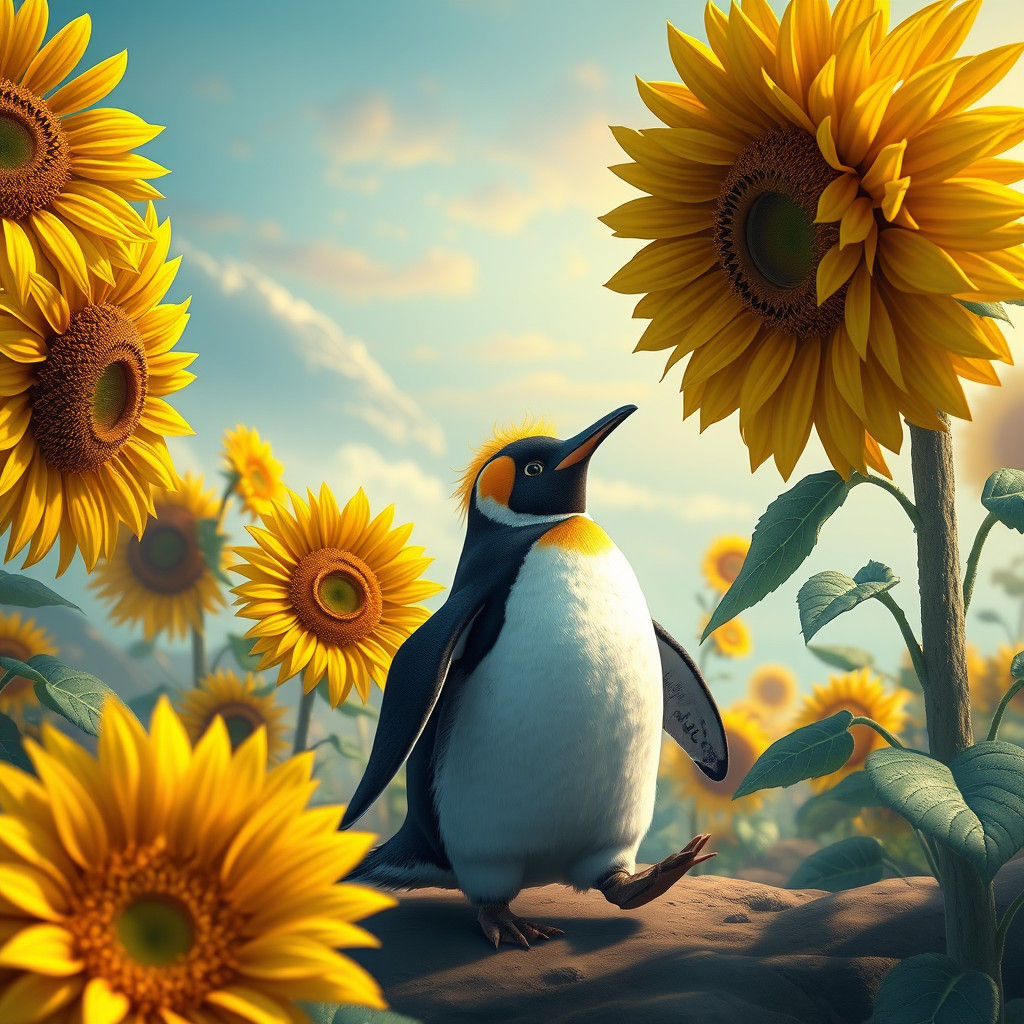 Sunflower Penguin in Dreamlike Fantasy Landscape