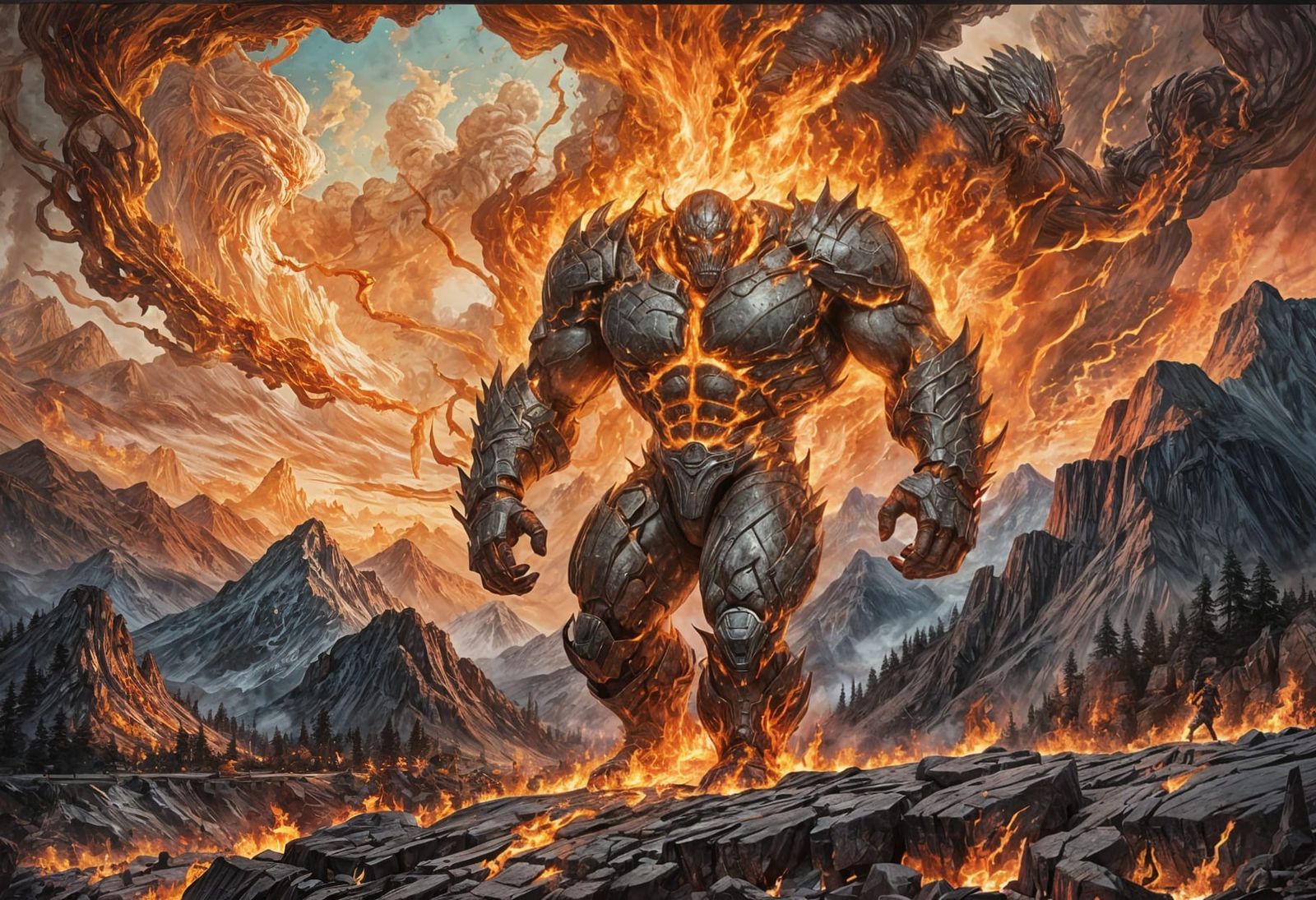 Fire Titan Walks Towards Olympus in Fiery Landscape