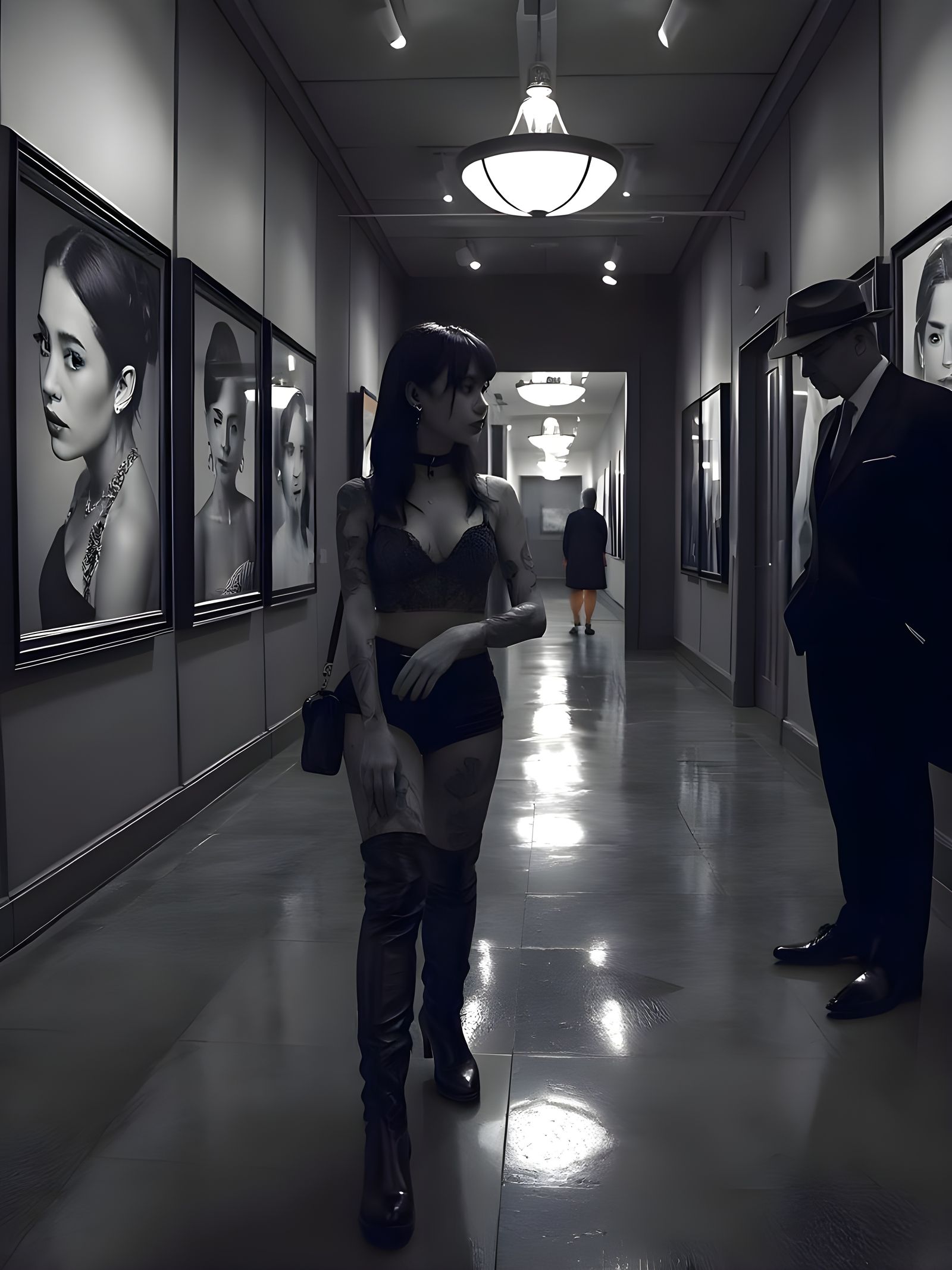 Japanese Woman with Tattoos in Art Gallery