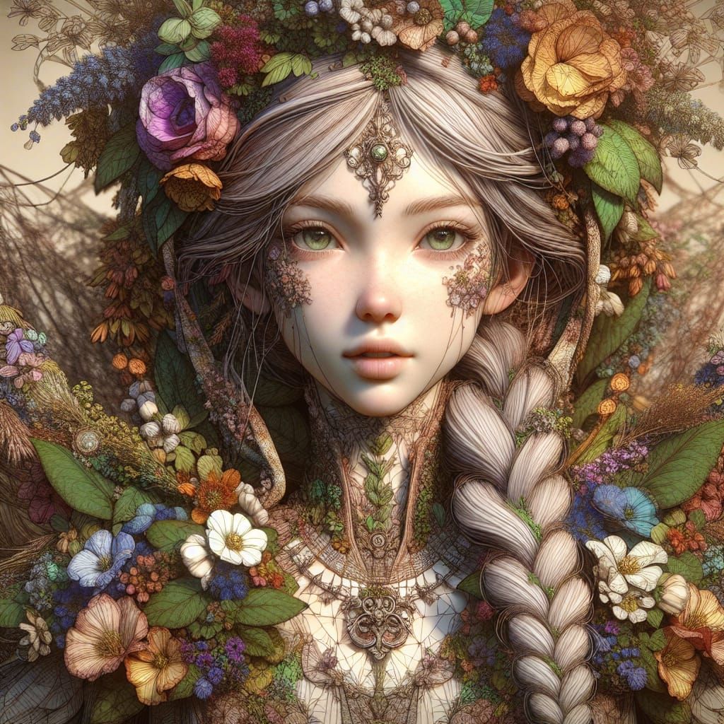 Girl in Flower Dress: Detailed Digital Matte Painting