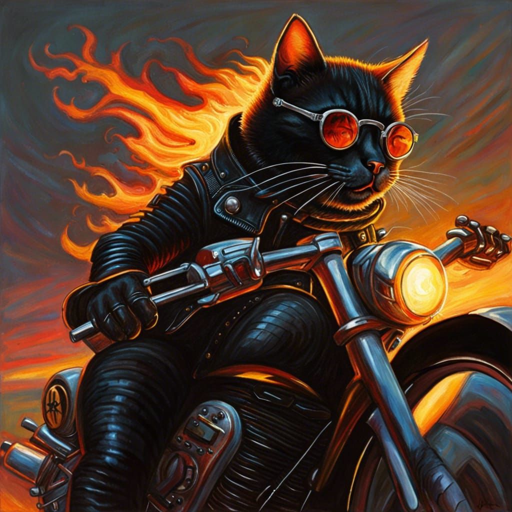 Heavy Metal Cat Rides a Flaming Motorbike