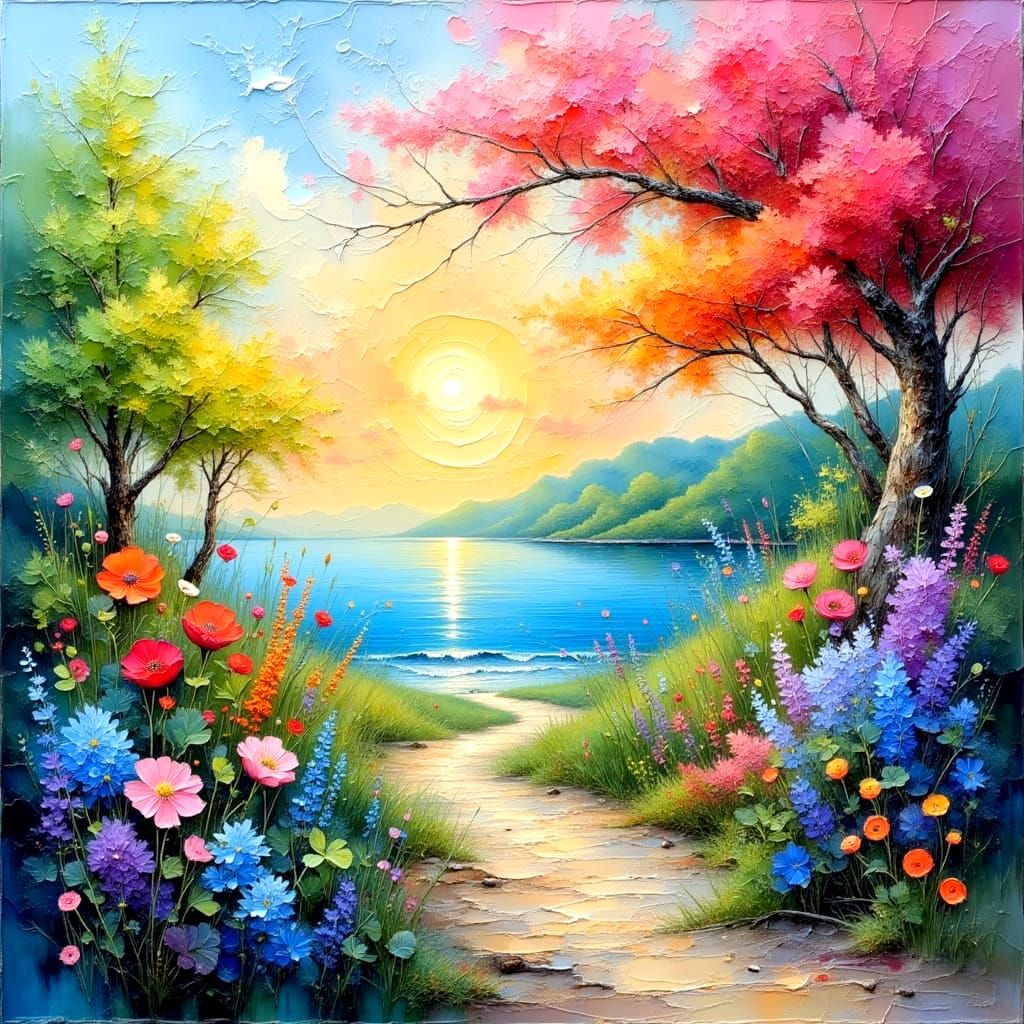 Surreal Pastel Landscape with Rainbow and Lovers