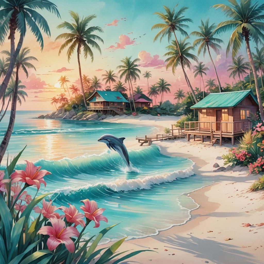 Sunrise Beach with Dolphin in Anime Style