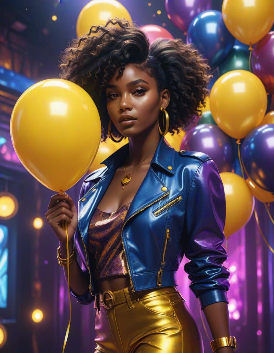 Ebony Woman with Yellow Balloon in Disco, Digital Art