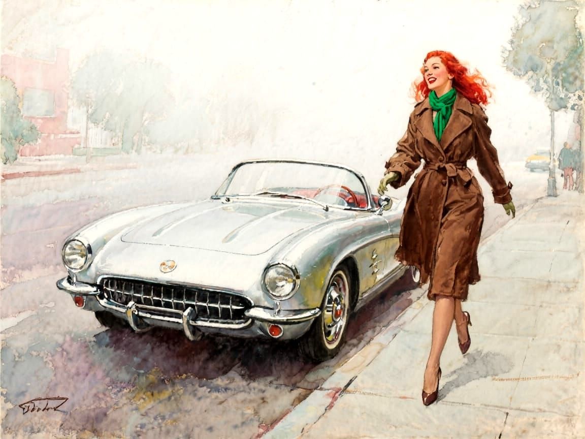 Woman and Classic Car, Impressionistic Watercolor