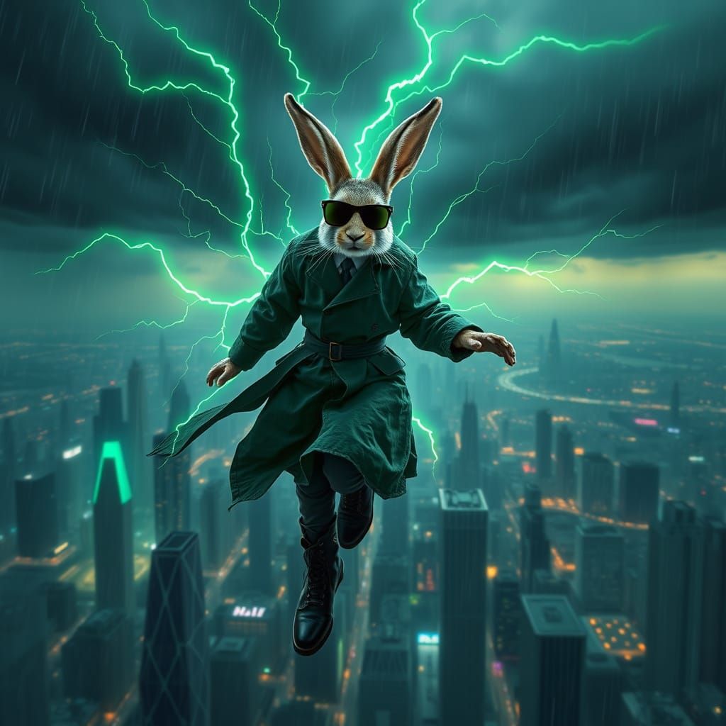 Majestic Cyberpunk Bunny Radiates Electric Aura in Futuristi...