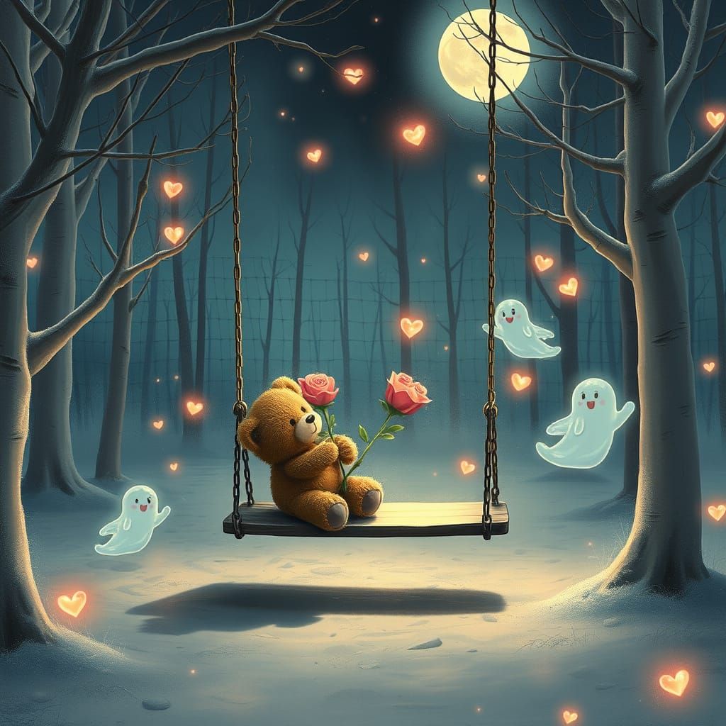 Lonely Teddy Bear in Starlight Forest