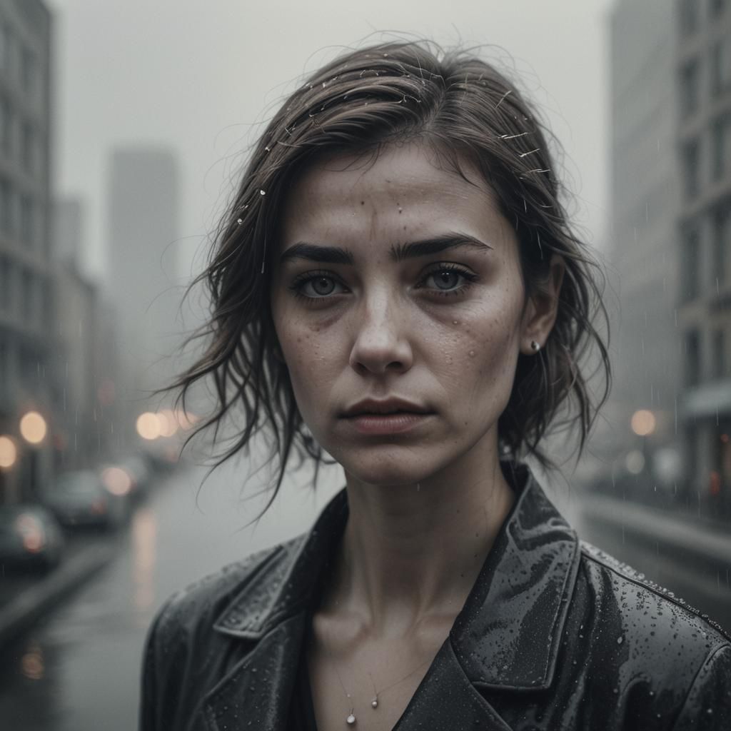 Monochrome Portrait of a Mournful Lady in Cityscape