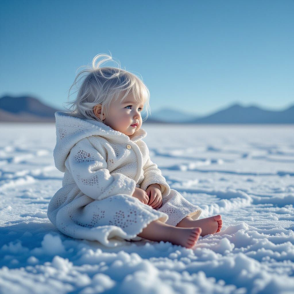 Child in Salt Flats Under Winter Sun