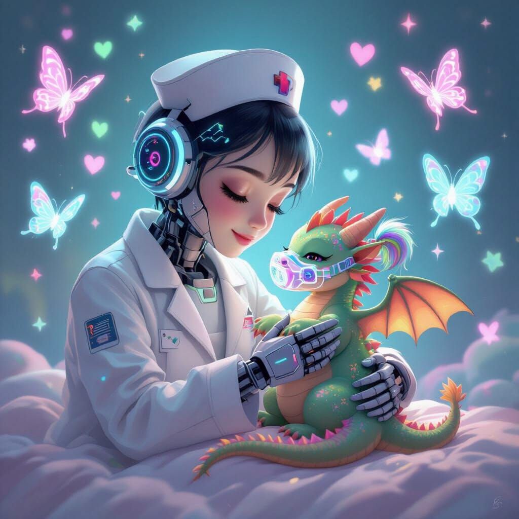 Robot Nurse Cradles Dragon in Futuristic Pediatric Unit