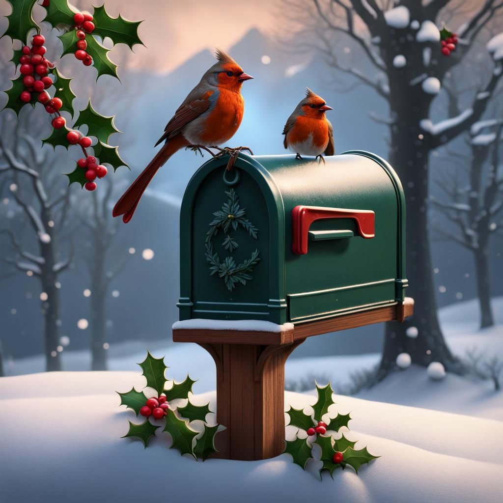 Robin and Cardinal Winter Scene, Detailed Matte Painting