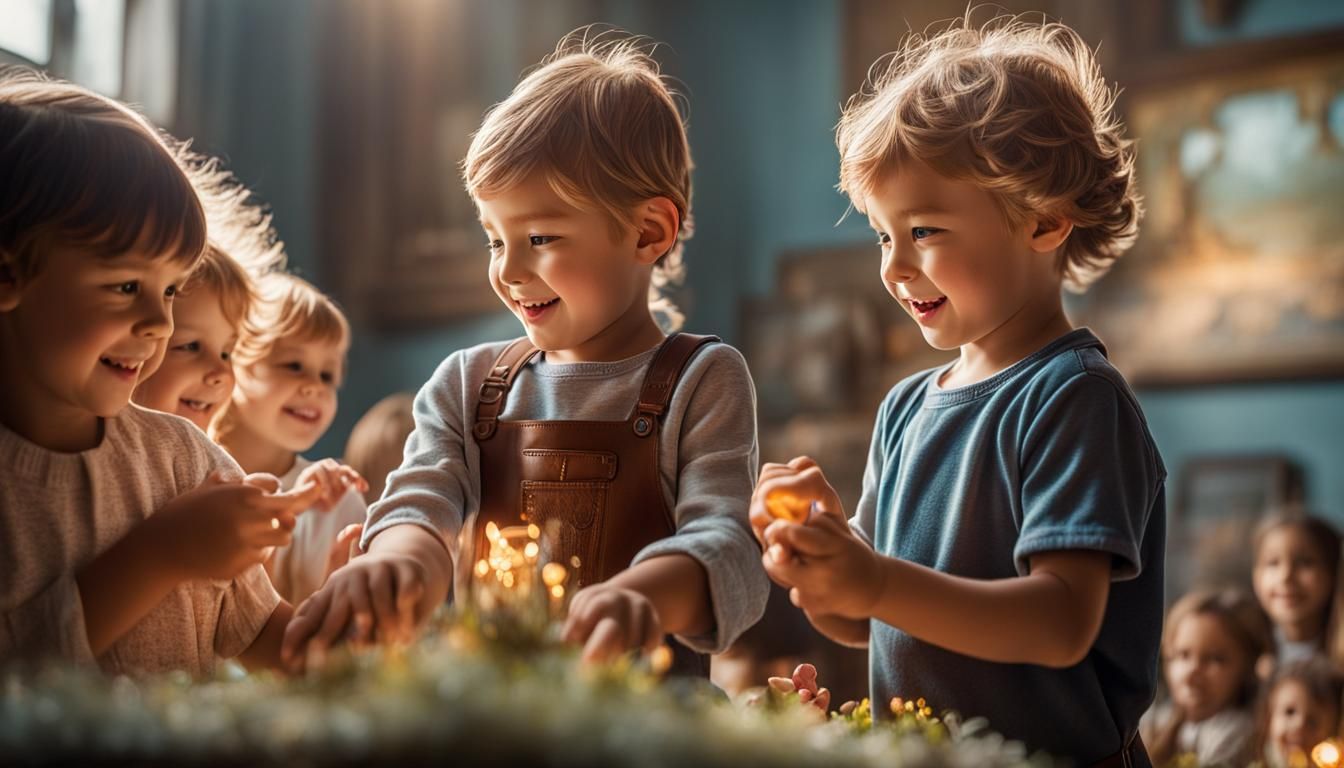 Happy Children Praising: Hyperrealistic Masterpiece