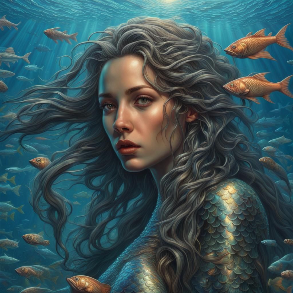 Cyberpunk Mermaid with Flowing Hair Underwater