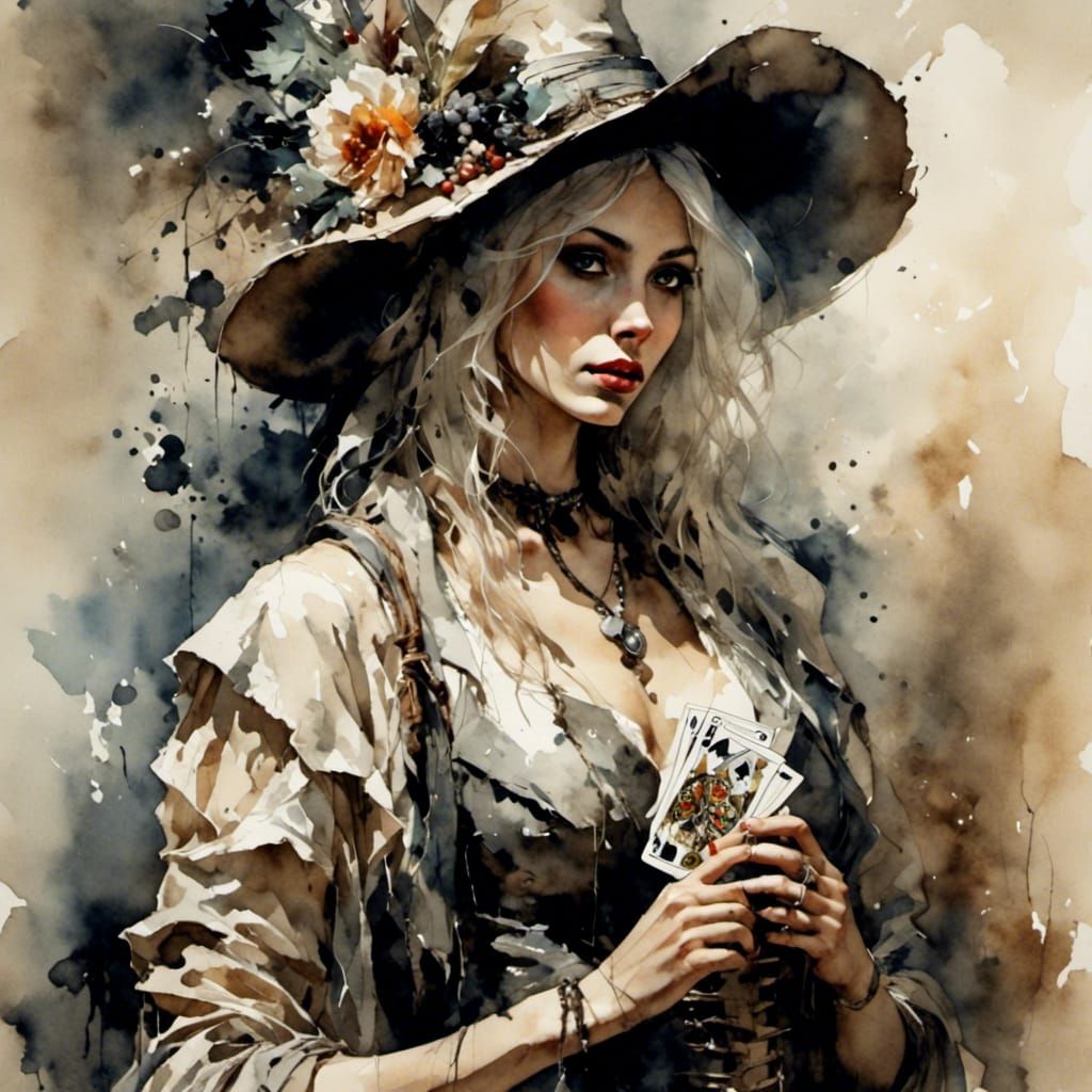 Wild West Woman with Playing Cards, Antique Watercolor