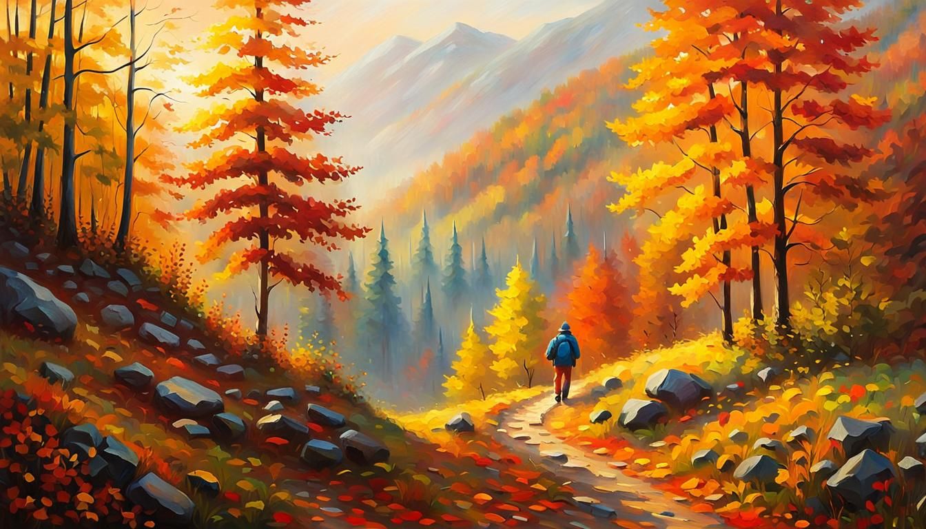 Misty Autumnal Forest Hike: An Impressionistic Painting