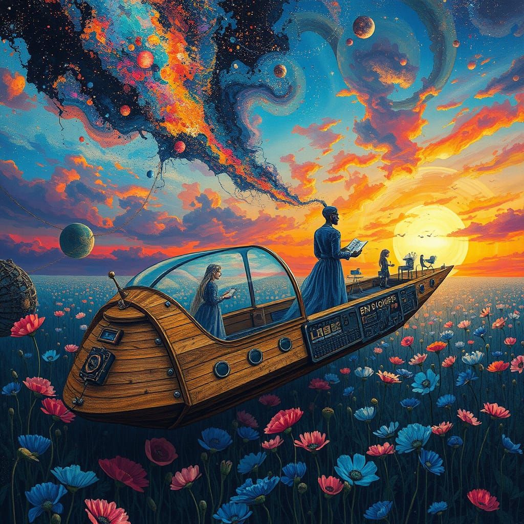 Surreal Spaceship Sails Through Sunset Galaxy in Glass Fores...