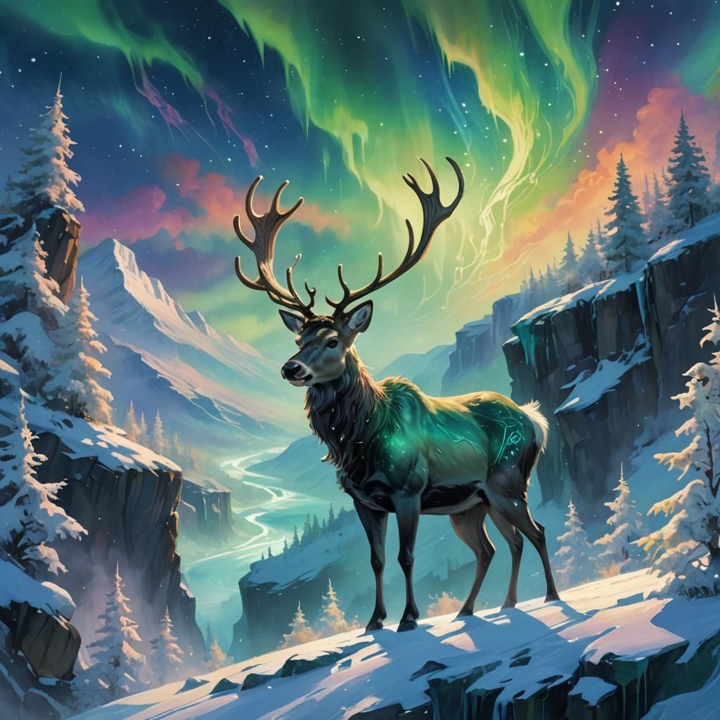 Reindeer on Snowy Cliff with Aurora Borealis