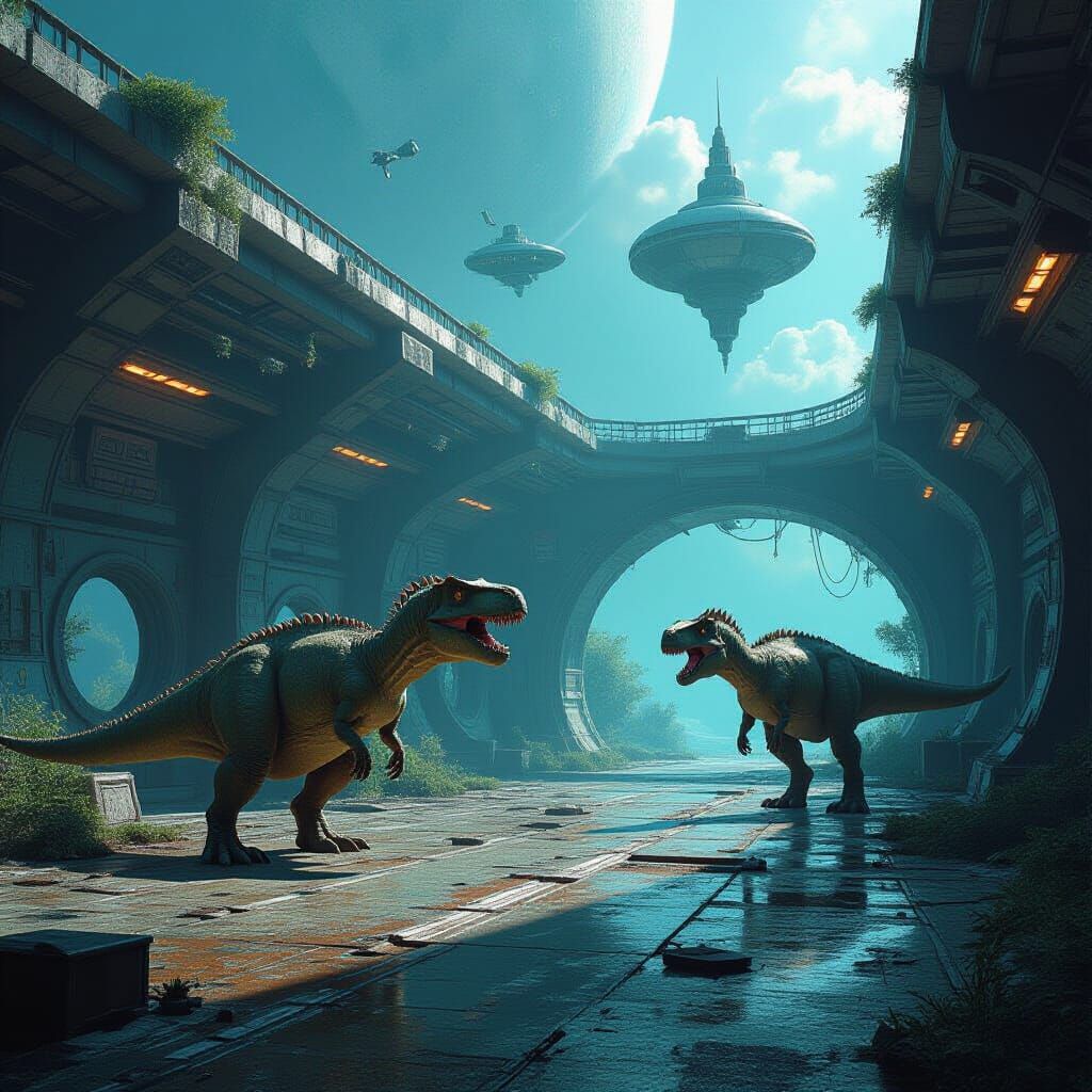 Dinosaurs on a Space Station: Sci-Fi Scene