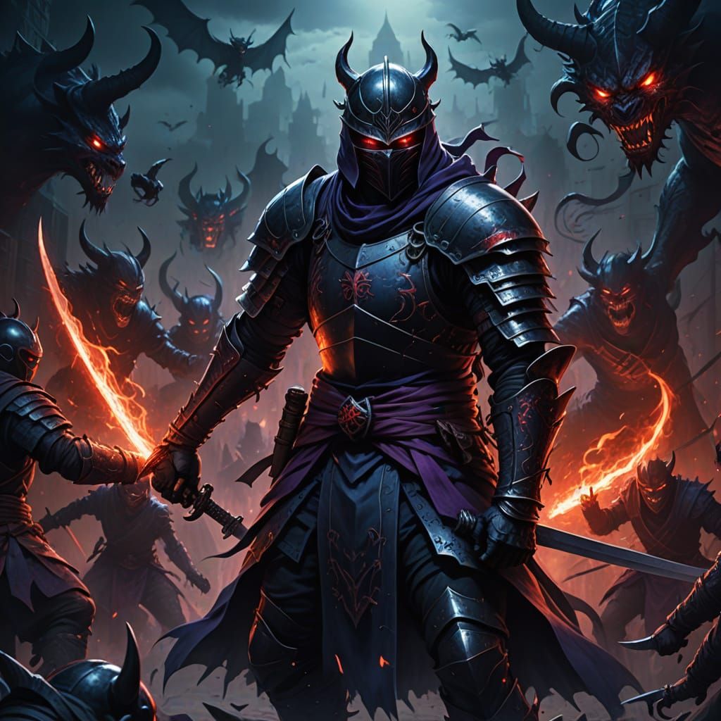 Ninja Knight Fighting Demons in Gothic Dark Fantasy