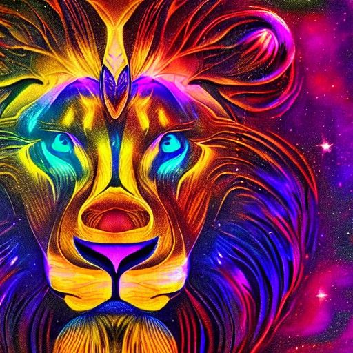 Holographic Lion Head: Cosmic Astral Illustration