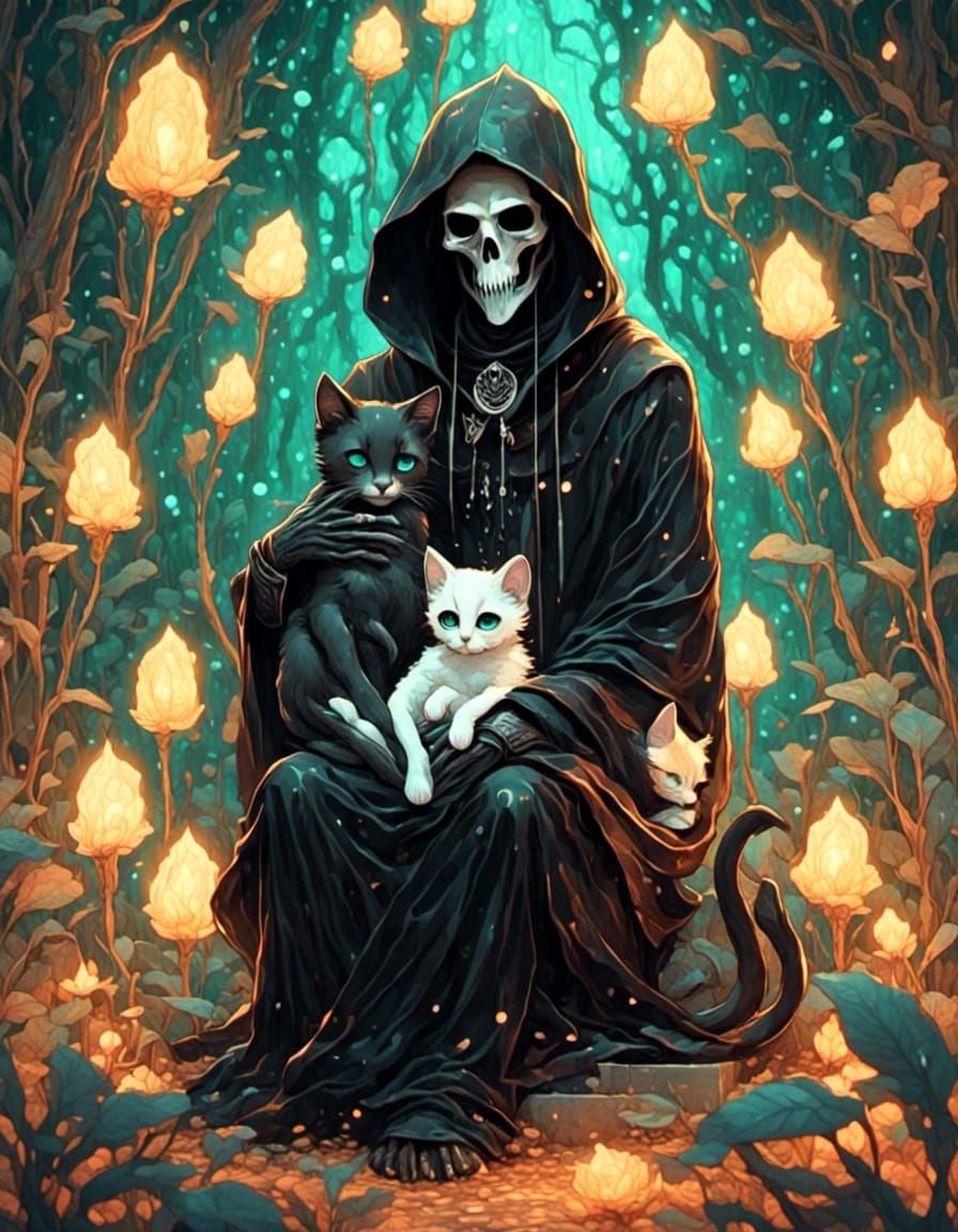 Grim Reaper Cuddling Kittens in Cartoon Style
