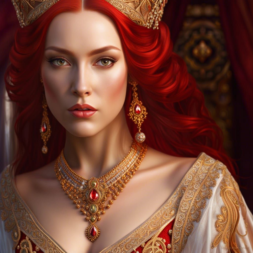 Byzantine Princess in Lace Gown, Hyperrealistic Art