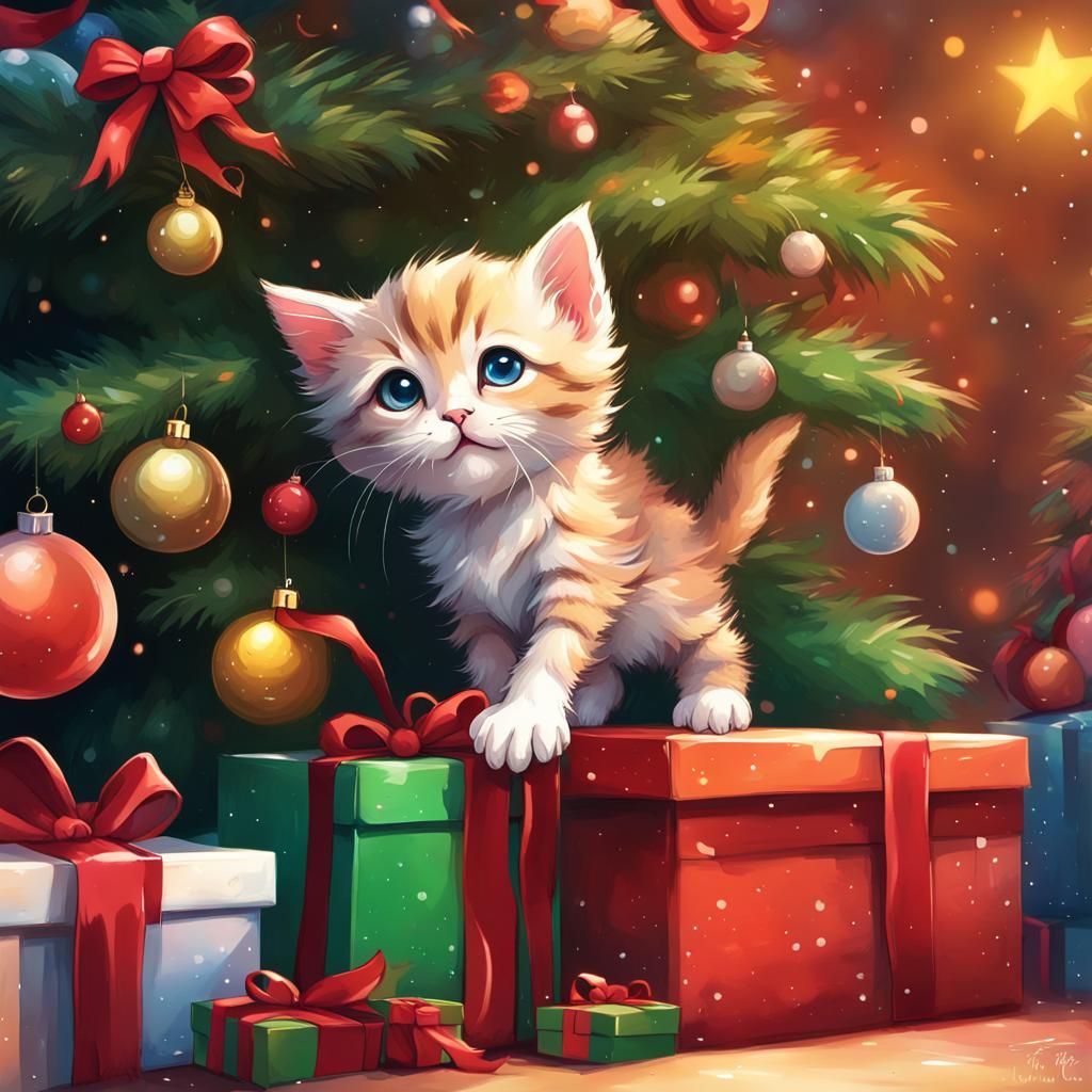 Hyperrealistic Chibi Kitten's Christmas Mischief