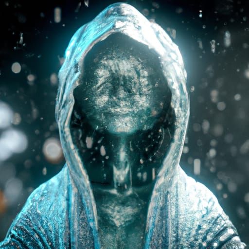 Hooded Alien Creature in Sci-Fi Holographic Style