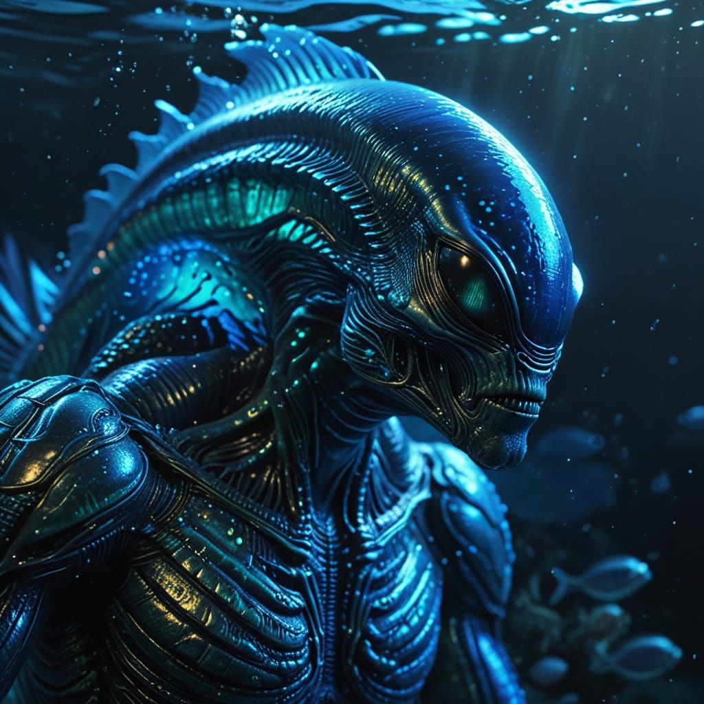 Alien Swims Underwater: Vibrant Bioluminescent Digital Art