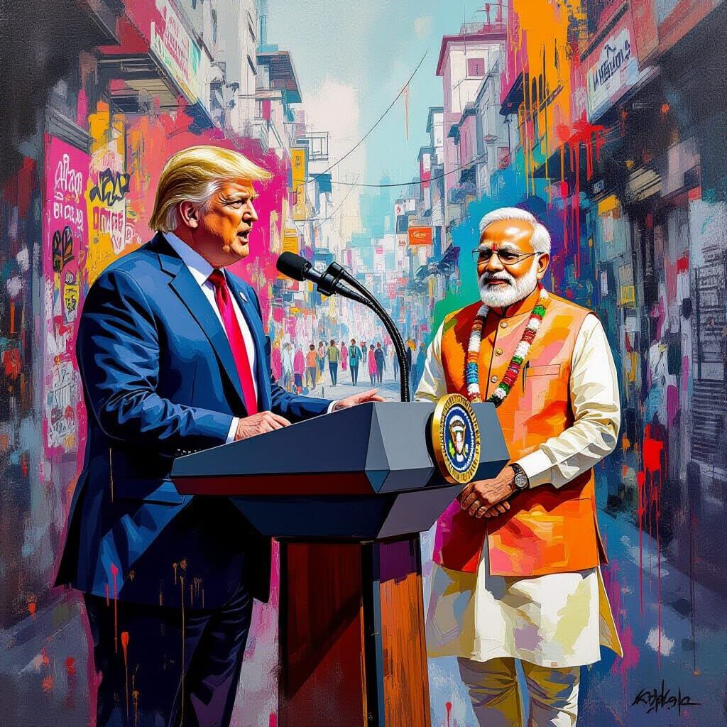 Trump Announces Tariffs on India in Street Art Style