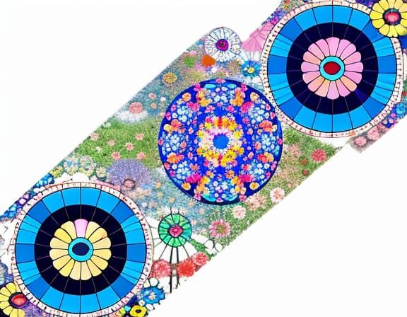 Whimsical Kaleidoscopic Garden Scene in Vibrant Colors