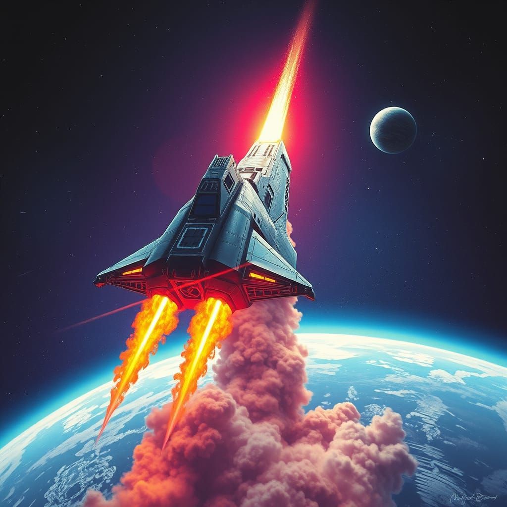 Futuristic Spaceship Soaring from Earth in Surreal Style