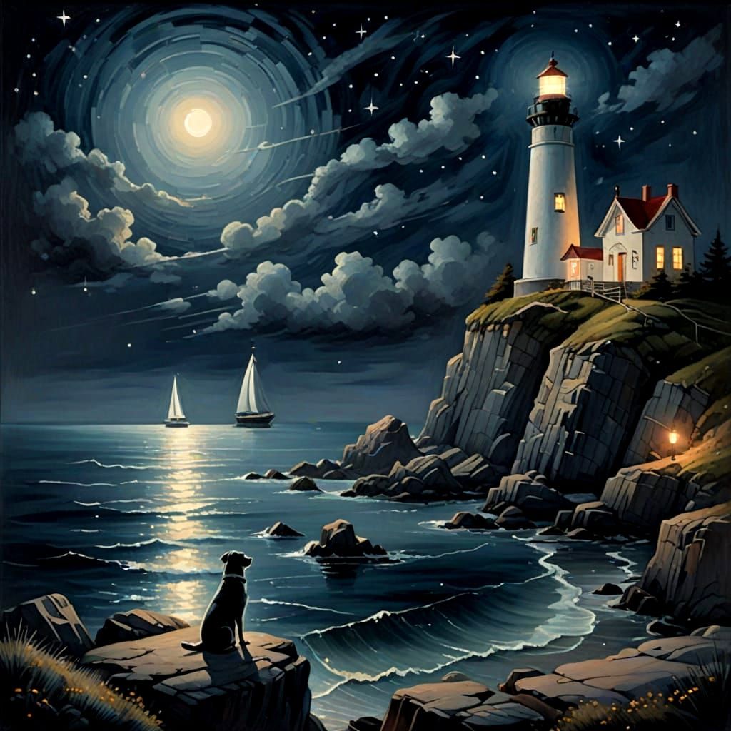 Serene Lighthouse Scene with Dog in Painterly Style