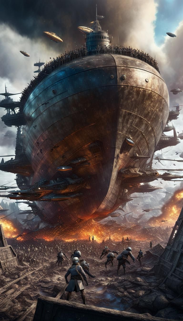 Zeppelin Mothership Over Chaotic Battlefield
