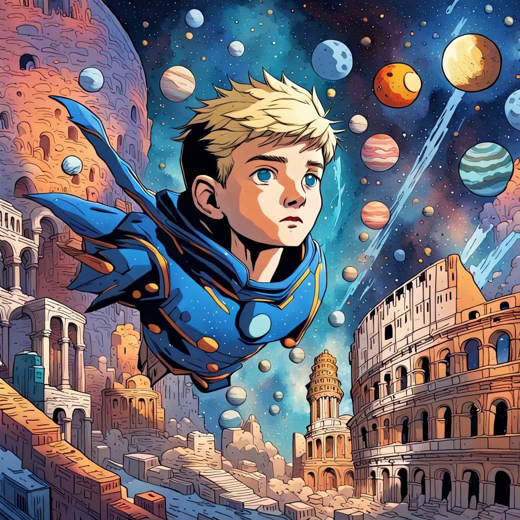 Blonde Child Floats Over Colorful Roman City