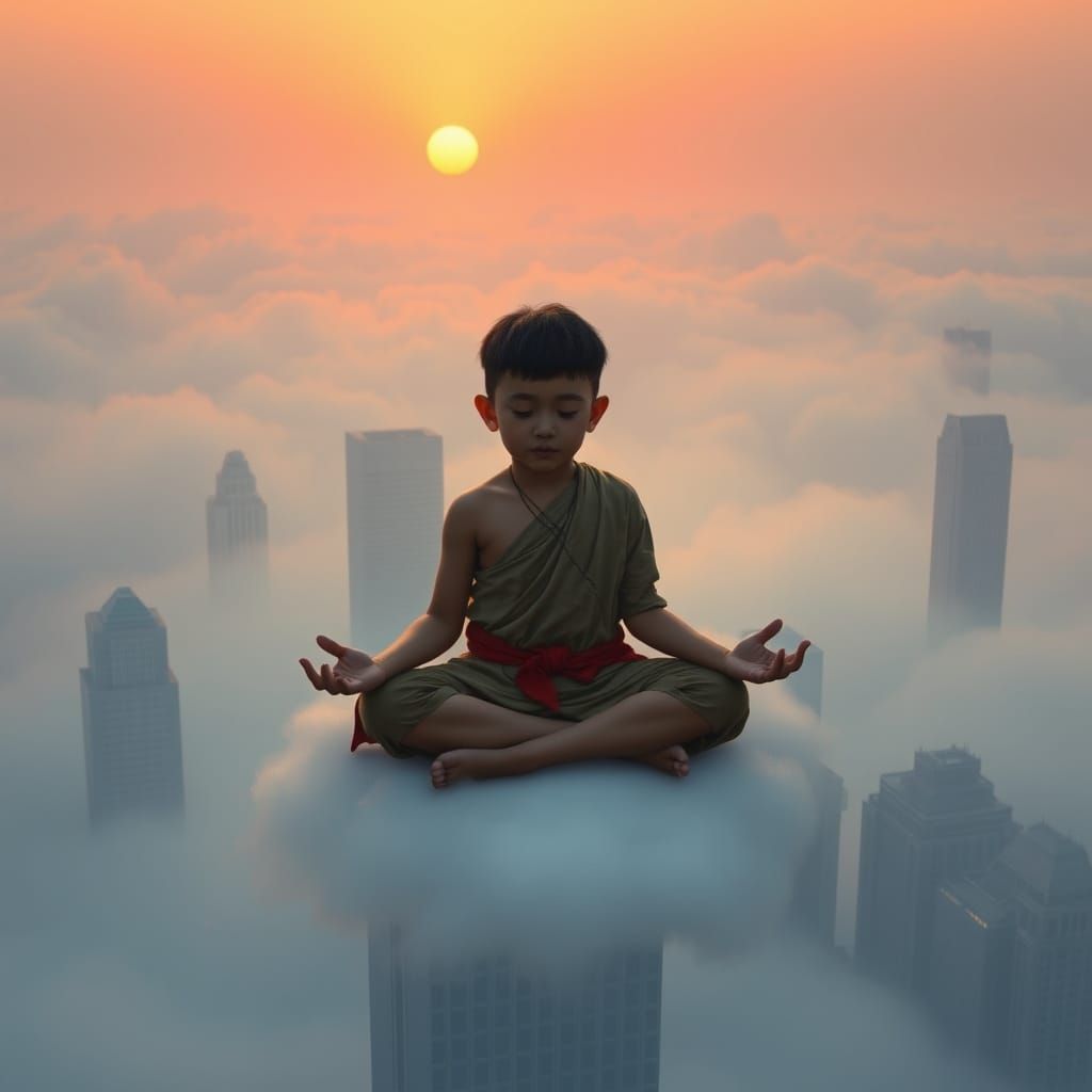 Urban Monk Child Meditating Above City at Sunrise