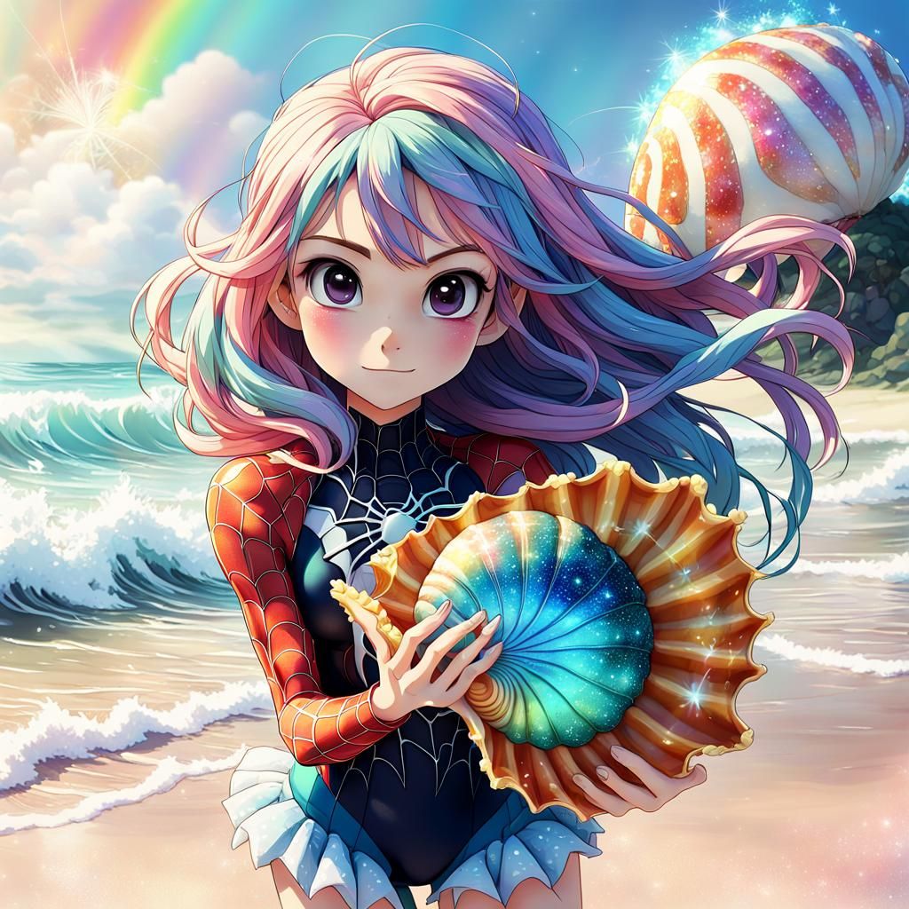 Anime Spider Girl on Beach in 3D Art Style