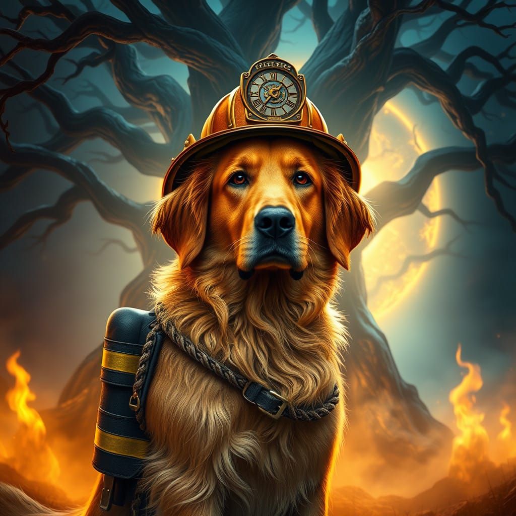 Heroic Golden Retriever in Ancient Tree Forest