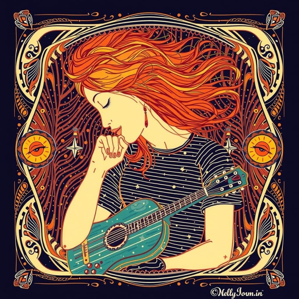 Evocative Vintage Goddess Plays Guitar in Radiant Sunset