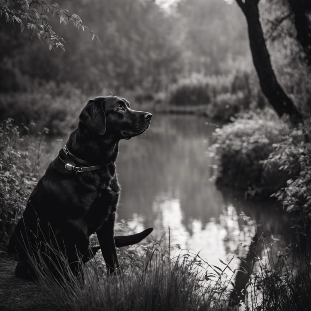 A magnificent aging black Labrador retriever looking out pensively over the garden by a stream