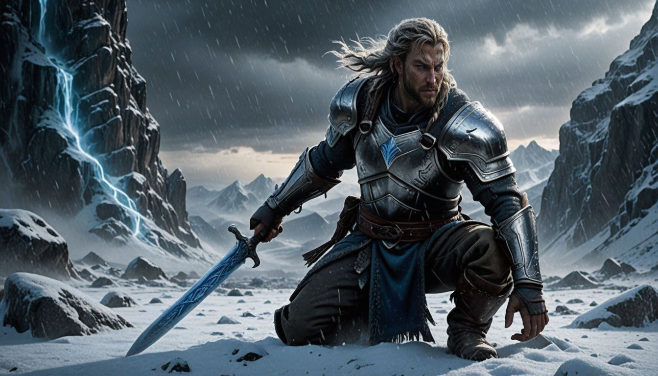 Warrior Kneels in Snowy Storm, Excalibur Pierces Rock