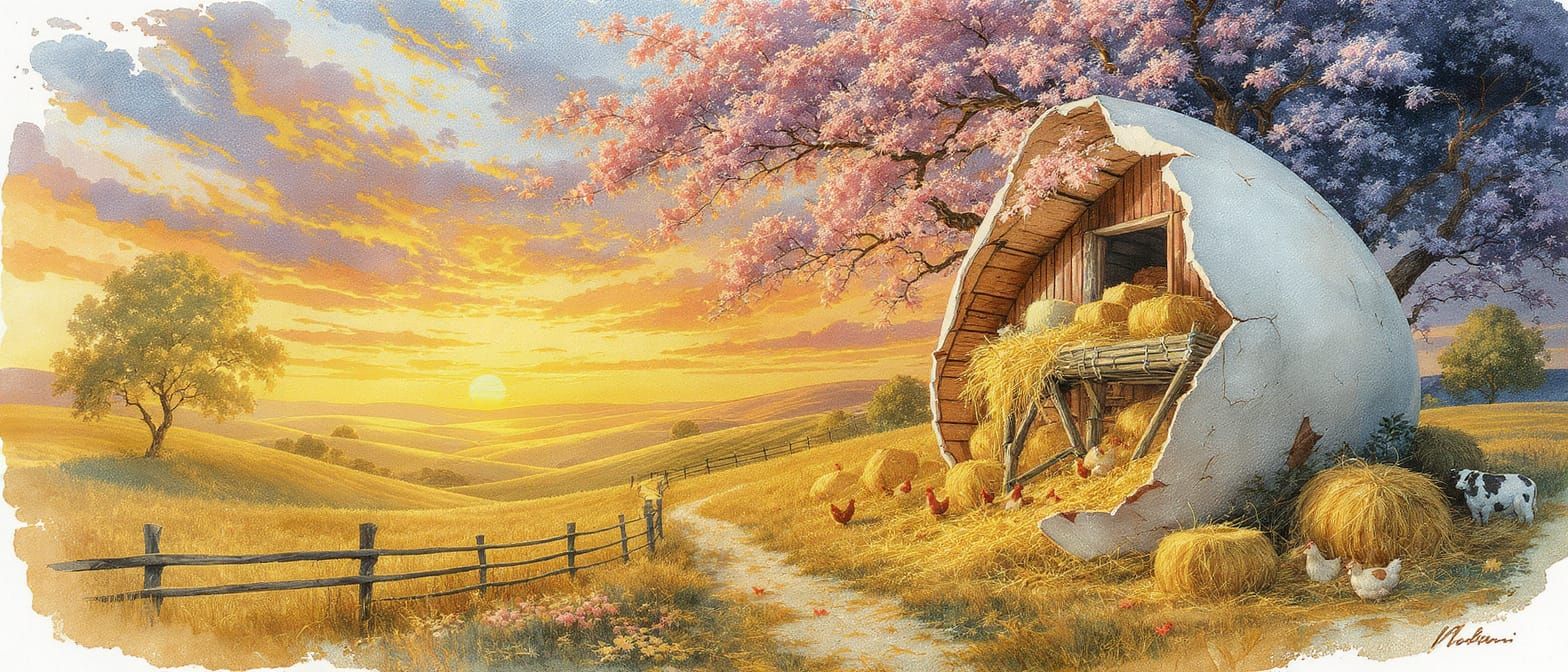 Farm Inside Cracked Egg: Impressionistic Surreal Fantasy