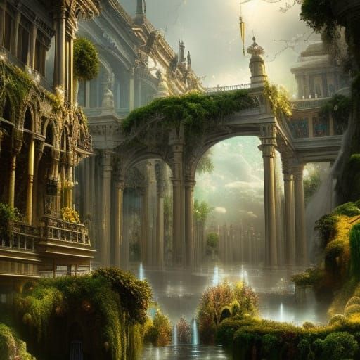 Utopian City of Light with Floating Gardens